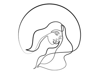 Continuous one different wide line drawing. Abstract portrait of pretty young woman with beautiful hair in round. Vector illustration