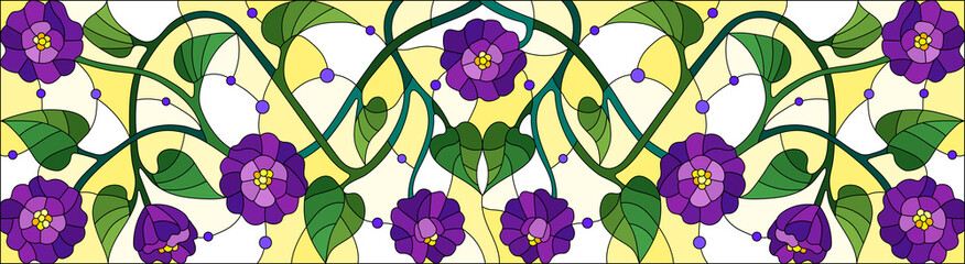Illustration in stained glass style with intertwined purple flowers and leaves on yellow background, horizontal orientation