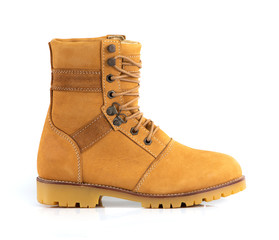 Yellow nubuck boot for winter collection isolated on white background. Fashion advertising boot photos.