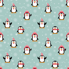 Cute penguins cartoon in red Christmas hat and scarf for Merry Christmas vector seamless pattern.