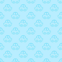 Fototapeta premium Vector seamless pattern of blue outline cartoon car. 