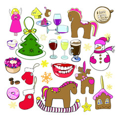 Fototapeta premium Set of color drawings in a vector, New Year's and Christmas toys, angels, gifts, cards