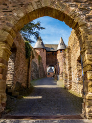 Entrance path to Hengebach Castle in Heimbach, North Rhine-Westphalia, Germany