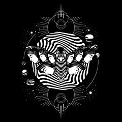 Vector hand drawn  illustration of  weird moth. Surreal artwork with planets and geometrical composition. Template for card, banner, print for t-shirt. © varvarabasheva