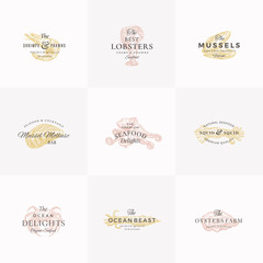 Premium Seafood Abstract Vector Signs, Symbols or Logo Templates Set. Elegant Hand Drawn Octopus, Shrimp, Mussel, Oyster, Crab and Squid Sketches and Retro Typography. Vintage Luxury Emblems.