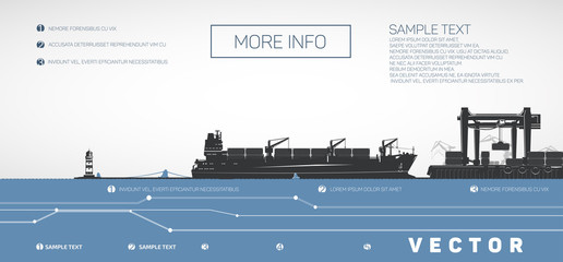 Container ship on the pier, gantry and loaders cranes, vector infographics. - obrazy, fototapety, plakaty