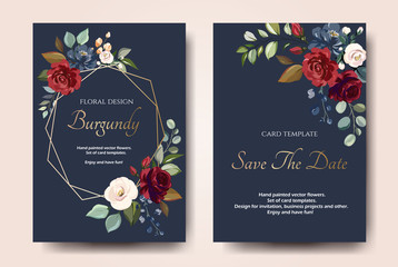 Set of card with flower rose, leaves. Wedding ornament concept. Floral poster, invite. Vector decorative greeting card or invitation design background