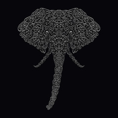 Decorative head of an elephant from volumetric silver curls on a black background