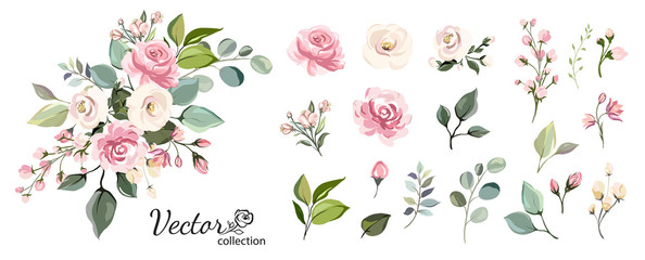 Set of floral branch. Flower pink rose, green leaves. Wedding concept with flowers. Floral poster, invite. Vector arrangements for greeting card or invitation design - obrazy, fototapety, plakaty