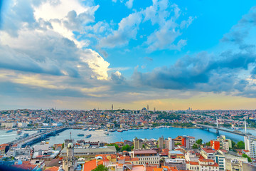 Top view from Galata Tower in Istanbul at sunset time