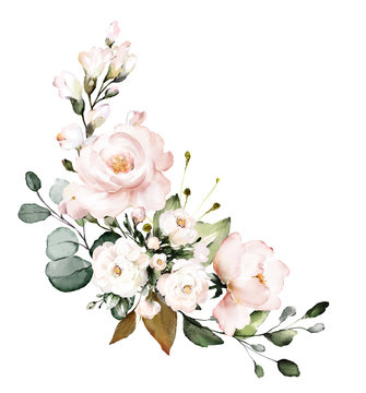  watercolor flowers. floral illustration, Leaf and buds. Botanic composition for wedding or greeting card.  branch of flowers - abstraction roses