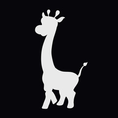 White silhouette of a funny walking giraffe on a black background