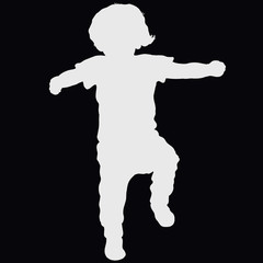 Cheerful jumping or running little baby silhouette on black background