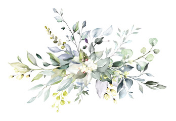  watercolor floral arrangements with leaves, herbs.  herbal illustration. Botanic composition for wedding, greeting card.