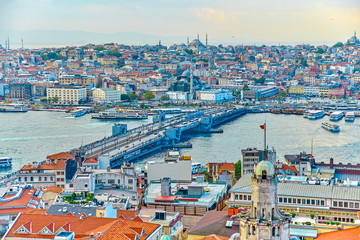 Top view from Galata Tower in Istanbul at sunset time
