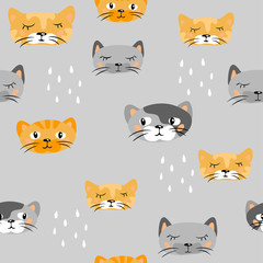 vector color cat red grey pet animal  cartoon doodle seamless  pattern simple childish design for textile paper