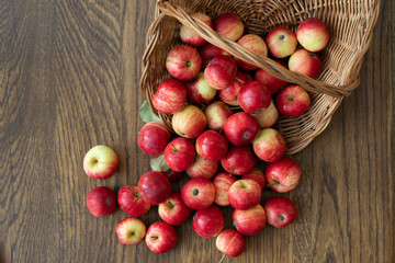 Red and yellow little apples apples spill out of the basket on a wooden table