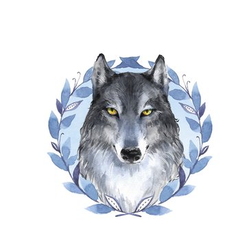 Wolf and blue wreath. Watercolor illustration isolated on white