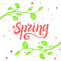 Spring lettering. bright spring illustration with twigs and foliage