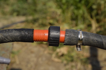 Hose connection for watering the garden. Watering hose and accessories