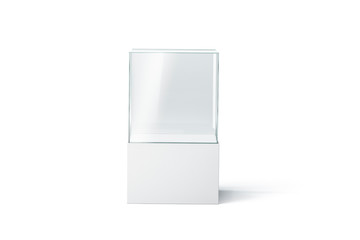 Blank white glass showcase mockup, isolated, front view, 3d rendering. Empty presentation podium...