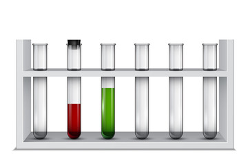 Rack with laboratory test tubes, medical flasks, vector illustration