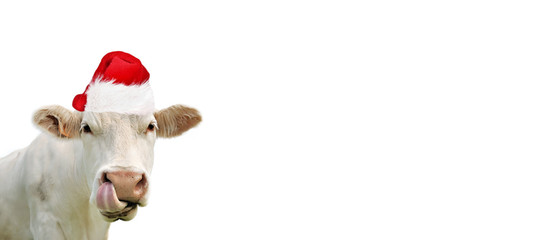 funny portrait of cow wearing a santa claus hat isolated on white blackground