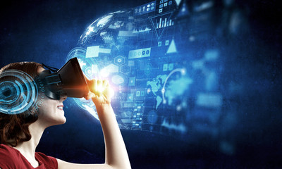 Experiencing virtual technology world. Mixed media