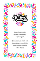 Bright festive vector lettering text Diwali with imitation of diya oil lamp with flame in confetti square border frame