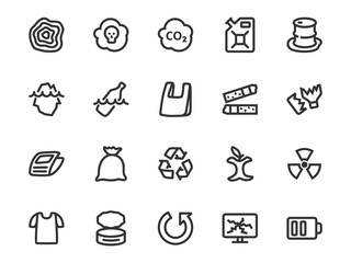 Vector line icon set of garbage and waste sorting. Collection includes waste symbols: papper, organic, plastic, metal, recycling, radioactive, hazardous and others.