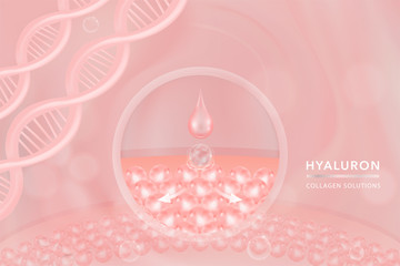Hyaluronic acid skin solutions ad, pink collagen serum drop with cosmetic advertising background ready to use, vector illustration.