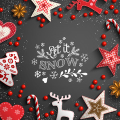 Christmas background with white doodles and decorations