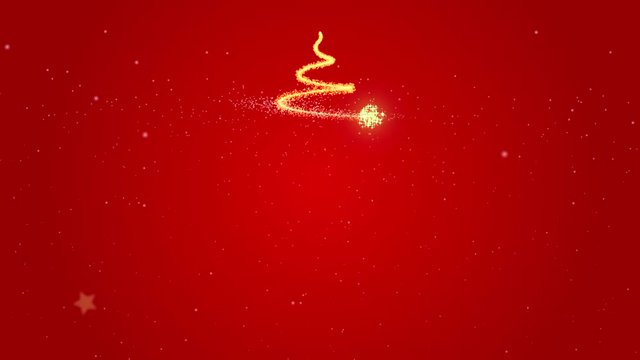 Animierter Weihnachtsbaum, goldenes Feuerwerk und funkelnde Sterne auf rotem Hintergrund