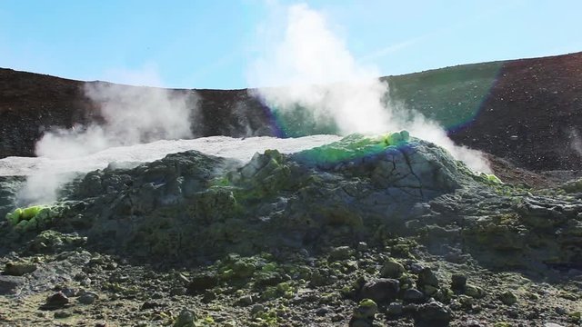 Volcanic activity, sulfur fumarole and hot gas on the slope of Ebeko volcano, Northern Kuriles, Paramushir Island