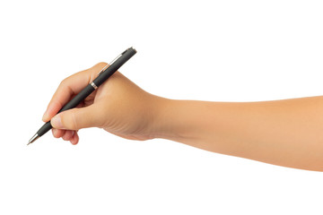 Human hand in reach out one's hand and  and writing or drawing with black ballpoint pen gesture isolate on white with clipping path, High resolution and low contrast for retouch or graphic design