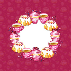 Illustration of a watercolor, hand-drawn cake with cream in a frame of berry in a red background