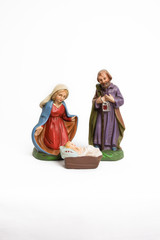 Krippen Figur Maria, Josef und Jesus mit weißen Hintergrund, Weihnachtskrippe