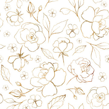Seamless pattern with gold flowers and leaves. Hand drawn background.  floral pattern for wallpaper or fabric. Flower rose. Botanic Tile.