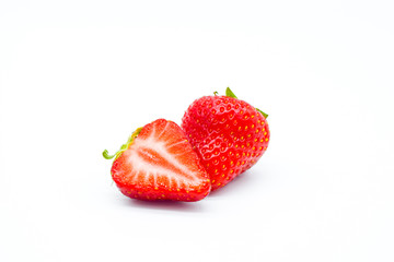 Strawberries isolated on white background, whole strawberries, cut strawberry