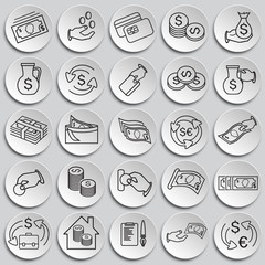 Money and finance thin line set on plates background icons