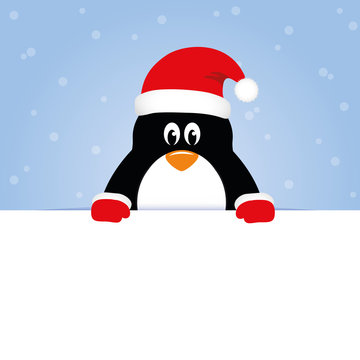happy cute penguin on blue snowy background