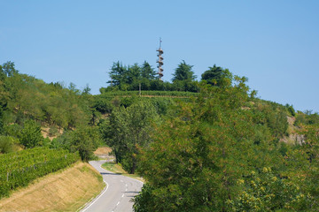 The landscape near Smartno in Primorska, Slovenia,  showing the Gonjace Observation Tower on Mejnik Hill in the distance
