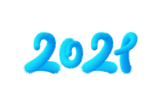 2021 hand drawn fluffy calligraphy. Happy New Year banner, poster with blue 2019 text with animal Fur