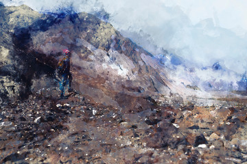 Obraz premium Abstract mountain peak watercolor painting in blue, digital illustration