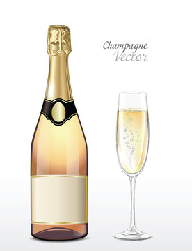 Vector Bottle Of Pink Champagne And Full Champagne Glass