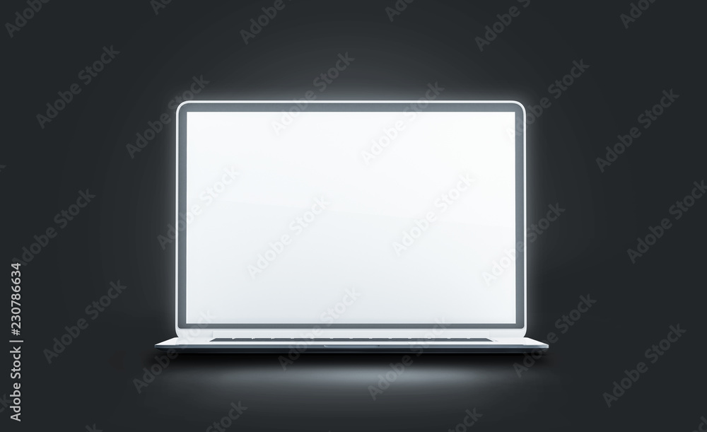 Fototapete blank white luminous laptop screen mockup, isolated in darkness, 3d rendering. empty glowing compute