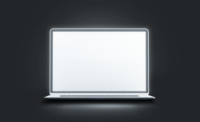 Blank white luminous laptop screen mockup, isolated in darkness, 3d rendering. Empty glowing...