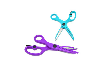 Purple Scissors and Light Blue Scissors isolated on white background.