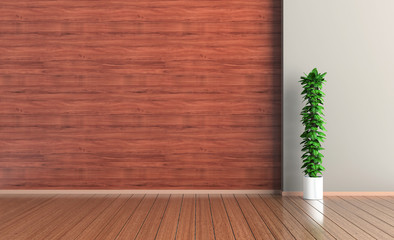 Empty interior room, wood wall and floor, plant, 3d rendering