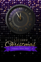 Fototapeta na wymiar Merry Christmas and Happy New Year greeting card with round clock.